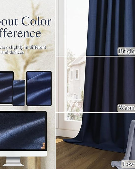 Guken Navy Blue Linen Blackout Curtains 108 Inch Length 2 Panels Set for Living Room Bedroom Back Tab Thermal Insulated 100% Black Out Linen Drapes Room Darkening Window Curtains 108 Inches Long