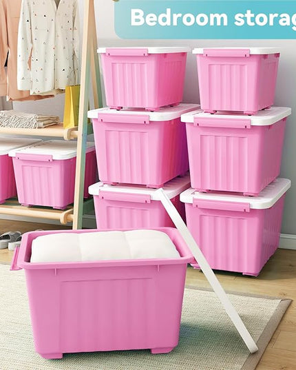 Nazhura Plastic Storage Bin, Stackable and Nestable Storage Boxes with White Lids and Secure Latching Buckles, Large Storage Container (Pink/White, 72Quart-6Pack)