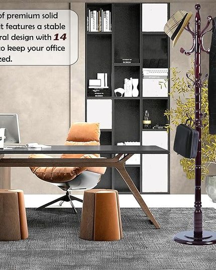 Coat Racks Free Standing with 14 Hooks, Natural Wood Coat Stands for Entryway, Adjustable Height 72 in Tree Coat Rack Stand for Hallway Home Office Bedroom (Mahogany Ruyi)