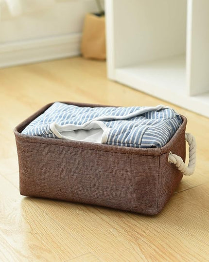 TheWarmHome Small Fabric Canvas Storage Bin with Cotton Rope Handles - Foldable Empty Basket for Gift (Brown-1 Pack,11.8L7.9W5.2H inch)