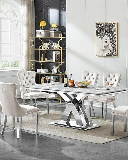 68" Faux Marble White Dining Table for 6-8, Modern Dining Room Table with 0.71" Marble Printing MDF Top and X-Shaped Silver Stainless Steel Base, Rectangle Kitchen Dinner Table