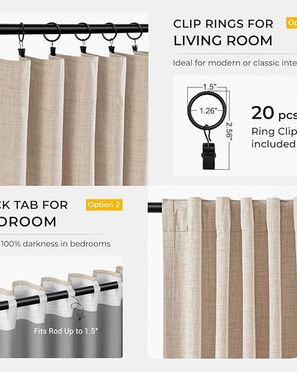 INOVADAY 100% Blackout Curtains for Bedroom, Black Out Curtains 90 Inch Long, Clip Rings Linen Blackout Drapes, Thermal Insulated Room Darkening for Living Room, 2 Panels - Oatmeal,W50xL90