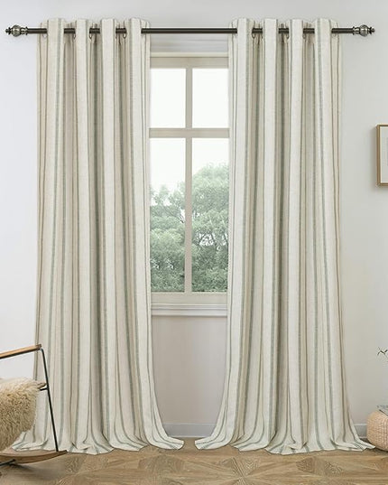 DriftAway Farmhouse Linen Blend Blackout Curtains 84 Inches Long for Bedroom Vertical Striped Printed Linen Curtains Thermal Insulated Lined Treatments for Living Room 2 Panels W52 x L84 Loden Green