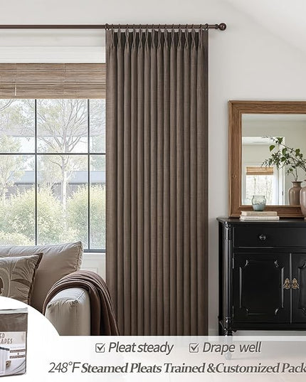 Blackout Dark Brown Bedroom Curtains 84 Inches Long 2 Panels Set, Memory Trained Pinch Pleated Dual Layer Linen Insulated Sound Dampening Modern Windows Curtain for Dining Room Darkening 7FT Length