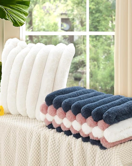 Touchat Pack of 2 Faux Fur Pillow Covers, 18x18 Inch Decorative Throw Pillow Covers with Hidden Zipper, Ultra Soft Couch Cushion Pillows Covers for Sofa/Bedroom Wide Stripe, White