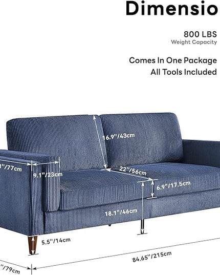 Tbfit 85" Corduroy Couch for Living Room, 3 Seater Mid Century Modern Sofa with Spring Cusions & Extra Deep Seat for Bedroom, Small Comfy Upholstered Couches Easy Assembly with Solid Wood Legs, Blue