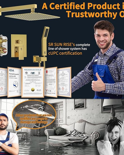 SR SUN RISE 12 Inches Bathroom Luxury Rain Mixer Shower Combo Set Wall Mounted Rainfall Shower Head System Brushed Nickel Finish Shower Faucet Rough-In (12 Inch, Brushed Gold)