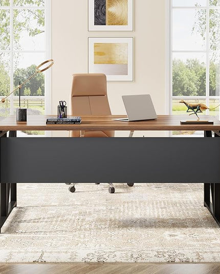 Tribesigns 55 inches Simple Computer Desk,Home Office Desk Writing Table for Workstation,Dark Walnut + Steel Leg， Cabinet not Included (Walnut, 55-inch)