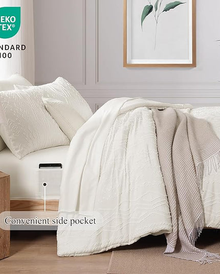 King Size Comforter Set White, Tufted Boho Bedding Farmhouse Bed Set, All Season 7 Pieces Bed in a Bag with Sheets, Pillowcases & Shams