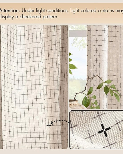 MIULEE Decorative Back Tab Linen Curtains with Geometric Pattern for Living Room Bedroom Farmhouse Rustic Thick Woven Textured Patterned Mudcloth Drapes 63 Inch Length 2 Panels Set, Beige