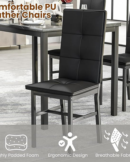 Hooseng Dining Table Set for 4, Modern Faux Marble Kitchen Table with 4 PU Leather Chairs, 5-Piece Small Dining Room Table Set for Dinette, Breakfast Nook, Black