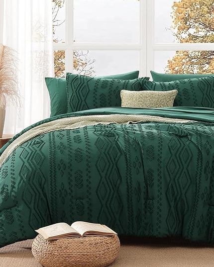 Full Size Comforter Set Emerald Green, Tufted Boho Bedding Dark Green Farmhouse Bed Set, All Season 7 Pieces Bed in a Bag with Sheets, Pillowcases & Shams