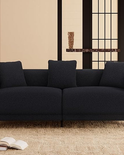 Morden Fort Modern Cloud Couch - 3 Seater Sherpa Boucle Sofa with Wood Legs, Ultra-Thick High Resilience Cushion with 3 Matching Pillows Upholstered Comfy Couch Sofa for Living Room - Black