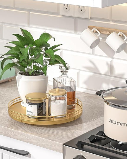 10" Gold Lazy Susan for Table Top, Oak Wood Lazy Susan Turntable Organizer for Dining Coffee Table Centerpiece Bar Decor Kitchen Countertop Bathroom Vanity Decorative Tray for Perfume Jewelry Round