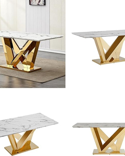 70 Inch Modern Rectangular Dining Table for 6, Faux Marble Top with Mirrored Stainless Steel Base, Large Kitchen Table for Dining Room, Living Room, Office, Conference, (Table Only) (Gold + White)