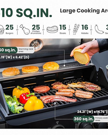 2 in 1 Propane Gas BBQ Grill with Side Burner & Porcelain-Enameled Cast Iron Grate, 4-Burner Flat Top Griddle, 46,700 BTU Outdoor Barbecue Propane Griddle Grill Combo for Camping, Patio, Backyard