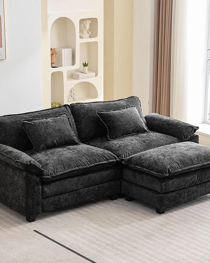 86" Modular Sectional Sofa, Comfy Cloud Couch Sectional Sofa with Ottoman, Chenille Sofa Sleeper Deep Seat Sofa with Throw Pillows for Living Room (Black, 86"- L Shape)
