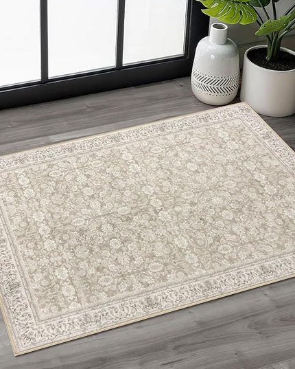 2x3 Washable Rug Soft Area Rug for Entryway, Cream Beige White Grey Non-Slip Indoor Door Mat Distressed Floral Low-Pile Kitchen Rugs, Neutral Vintage Carpet for Entrance Kitchen Farmhouse