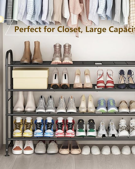 LINZINAR Shoe Rack Long 4 Tier Shoe Storage Organizer Metal Wide Shoe Shelf for Closet Entryway Bedroom 24 Paris Large Capacity, Gold Black