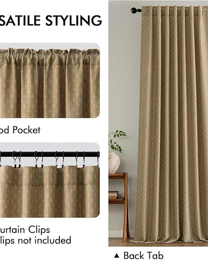 MIULEE Decorative Back Tab Linen Curtains with Geometric Pattern for Living Room Bedroom Farmhouse Rustic Thick Woven Textured Patterned Mudcloth Drapes 90 Inch Long 2 Panels Set, Khaki