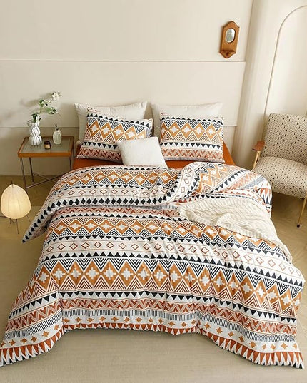 Luxlovery Aztec Orange Comforter Set Twin Boho Geometric Bedding Set Beige Black Multicolor Farmhouse Blanket Quilts Soft Rustic 3PCS Comforter Set