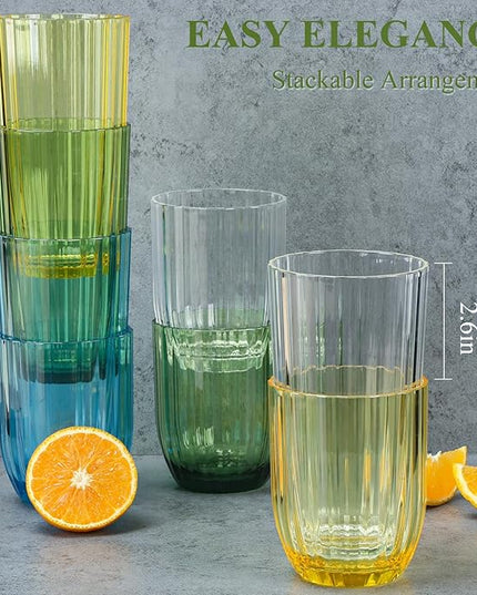 Acrylic Clear Highball Plastic Cups | Plastic Reusable Tumblers 15oz & 20oz (Set of 8) | Stackable | BPA-free Tumblers | Shatterproof | Top-rack Dishwasher Safe