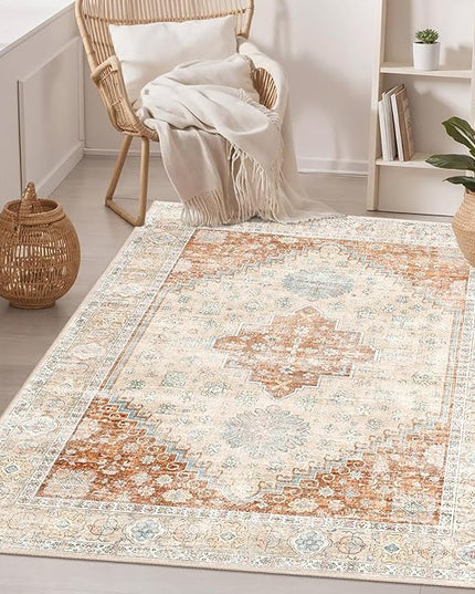 MUJOO 3x5 Rug Washable,Boho Area Rug for Bedroom Entryway Living Room Bathroom,Small Non Slip Indoor Throw Carpet Low Pile Terracotta