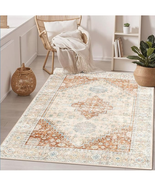 MUJOO 3x5 Rug Washable,Boho Area Rug for Bedroom Entryway Living Room Bathroom,Small Non Slip Indoor Throw Carpet Low Pile Terracotta