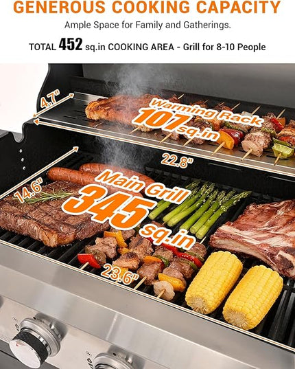 Upgraded 51,000 BTU Stainless Steel Burner Barbecue Grill, 4 Burner BBQ Propane Gas Grill with Side Burner, 452 sq.in Cooking Area with Porcelain for Patio, Camping, Outdoor Cooking