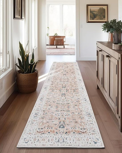 jinchan Hallway Runner Rug 2x8 - Vintage Kitchen Rug Washable Runner Floral Boho Floor Cover Lightweight Non Slip Thin Retro Distressed Carpet for Bathroom Laundry Room Bedroom Stairway Pink Blush