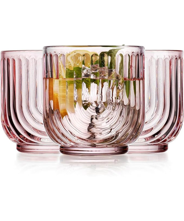 Glaver's Vintage Glassware Art Deco Glasse Ribbed Drinking Glasses U-Shape Arch Design Colored Cocktail Kitchen Tumblers Everyday Dinner Decorative Party (Pink S/4 11oz)