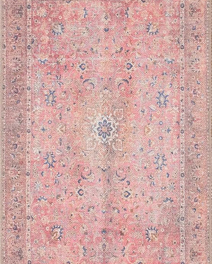 GLN Rugs Traditional Collection - Machine Washable Area Rug, Traditional Washable, Non Slip, Low Pile Chenille Rug, Living Room, Bedroom, Kitchen Rug (5'x7' Pink Vintage)