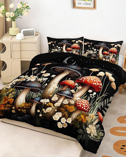 AILONEN Red and Black Mushroom Bedding Twin Size,Cartoon Mushroom Boho Comforter Set,Plant Fungus Flower Starry Moon Comforter with 2 Pillowcases for Boys Girls Kids,3 Pieces