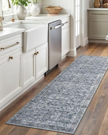 2x6 Washable Runner Rug for Hallways, Grey Brown Soft Neutral Vintage Kitchen Rugs with Non-Slip, Non-Shedding Distressed Floral Rug for Bedroom Kitchen Porch Laundry Entryway