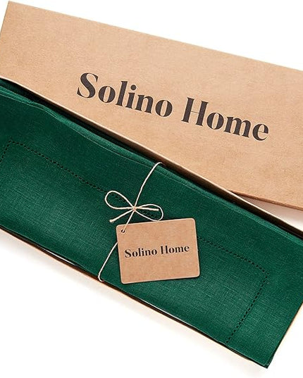 Solino Home Linen Placemats Set of 4 - Classic Hemstitch Rainforest Green Placemats 14 x 19 Inch - 100% Pure Linen Table Mats for Christmas, Holiday, Winter, New Year