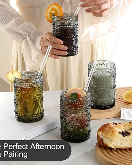 Vintage Glassware Drinking Glasses Set of 12,Grey 12oz & 15oz Hobnail Glass Cups,Embossed Water Tumbler,for Beer,Cocktail,Whiskey,Juice and Various Mixed Drinks- 1 Cleaning Brush