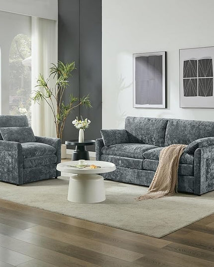 Tbfit Living Room Furniture Set, Loveseat Couch & Accent Chair, Modern Comfy Cloud Sofa Set, Spring Seat Cushions, Chenille Fabric, Gray