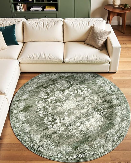 jinchan Round Rug 6ft Area Rug - Green Vintage Floor Mat Kitchen Indoor - Washable Circle 6' Thin Floral Print Christmas Carpet Retro Farmhouse Non Slip Dining Room Living Room Bedroom Office