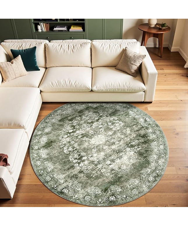 jinchan Round Rug 6ft Area Rug - Green Vintage Floor Mat Kitchen Indoor - Washable Circle 6' Thin Floral Print Christmas Carpet Retro Farmhouse Non Slip Dining Room Living Room Bedroom Office