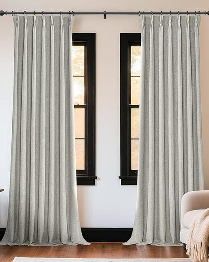 Joydeco Greyish White Pinch Pleated Thick Linen Curtains 84 Inch Long 2 Panel Set for Living Room, Double-Faced Curtain for Bedroom, Back Tab Blackout Drapes with Adjustable Hooks (40”W x84”L)