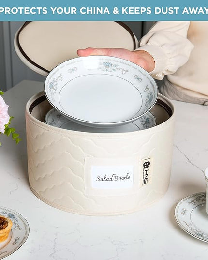 Hard Shell China Storage Containers 8-Piece Set Moving Boxes for Dinnerware, Glasses, Plates, Mugs and Saucers Sturdy Dish Organizer with Dividers for Seasonal Storage - Service for 12 - Beige Quilted