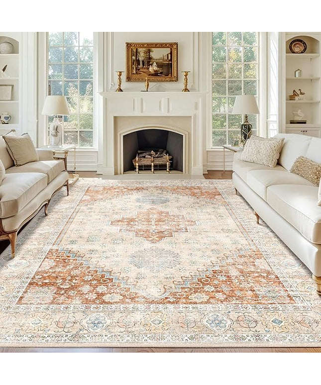 MUJOO 8x10 Area Rugs,Washable Rugs for Living Room Dining Room Bedroom,Large Boho Throw Carpet,Non Slip Big Indoor Low Pile Terracotta