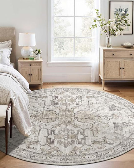 jinchan Round Rug 6ft Area Rug Vintage Floor Mat Kitchen Indoor Ultra-Thin Soft Floral Print Washable Circle 6' Accent for Farmhouse Non Slip Dining Room Living Room Bedroom Office Taupe