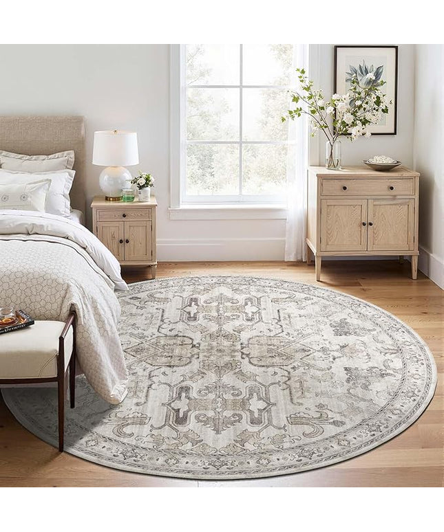 jinchan Round Rug 6ft Area Rug Vintage Floor Mat Kitchen Indoor Ultra-Thin Soft Floral Print Washable Circle 6' Accent for Farmhouse Non Slip Dining Room Living Room Bedroom Office Taupe