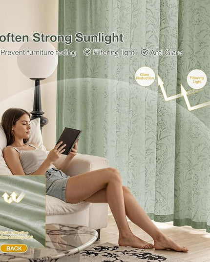 Anmao Sage Green Semi Sheer Light Filtering Curtains 84 Inches Long 2 Panels, Leaf Pattern Drapes for Living Room Bedroom, Rod Pocket Sheer Window Treatments with Floral Design, 52x84 Inch