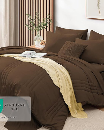 Monbix King Size Comforter Set - 7 Pieces Bed in a Bag King, Chocolate Brown Bedding Sets with Comforter, All Seasons Down Alternative Comforter Bed Set with Sheets, Pillowcases & Shams