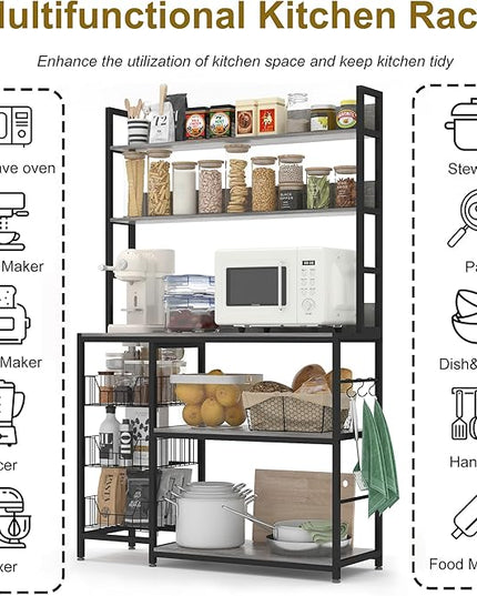 Large Baker Rack with Basket,5-Tier Kitchen Utility Storage Shelf with Hooks,Microwave Oven Stand with Storage,Suitable for Living Room, Dining Room,Coffee Bar(Grey)