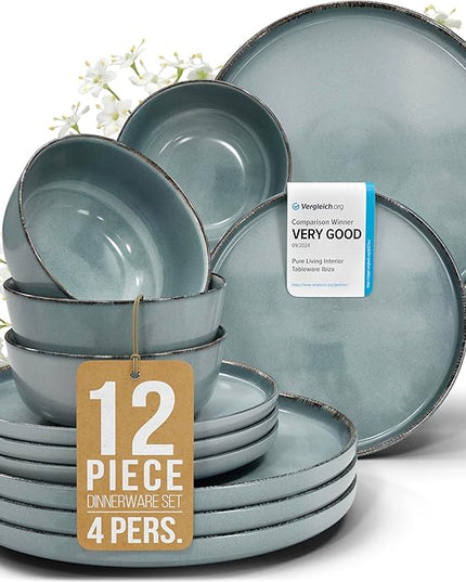 Stoneware dinnerware set 4 persons Rustic 12 pcs - Rustic design dinnerware set, dishwasher safe - Bowl and plate set - Pure Living dinnerware in smoky blue…