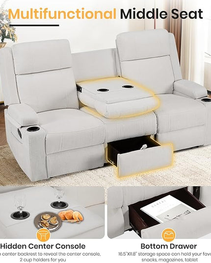 Reclining Sofa Couch,Loveseat Recliner Sofa with Drop Down Table/ 4 Cup Holder/Hidden Storage, Wall Hugger Recliner Sofa for Living Room & Home Theater & RV(Beige)