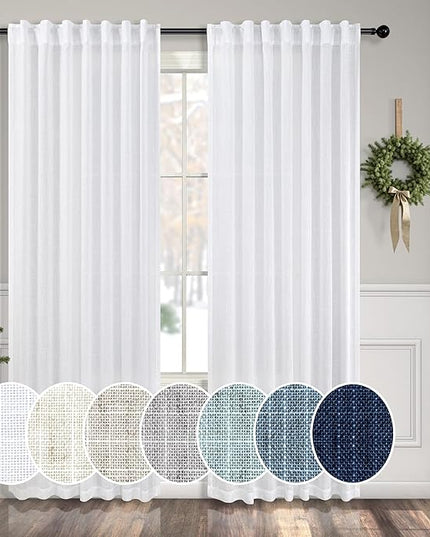 Pitalk White Curtains 78 Inches Long for Sliding Glass Door 2 Panels Set Rod Pocket Tab Modern Farmhouse Semi Sheer Flax Linen Drapes Light Curtains for Living Room Pinch Pleated Look 52 x 78 Length